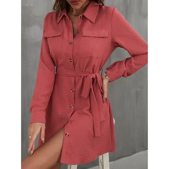 Button Down Belted Long Sleeve Shirt Dress - Picture 4 of 6